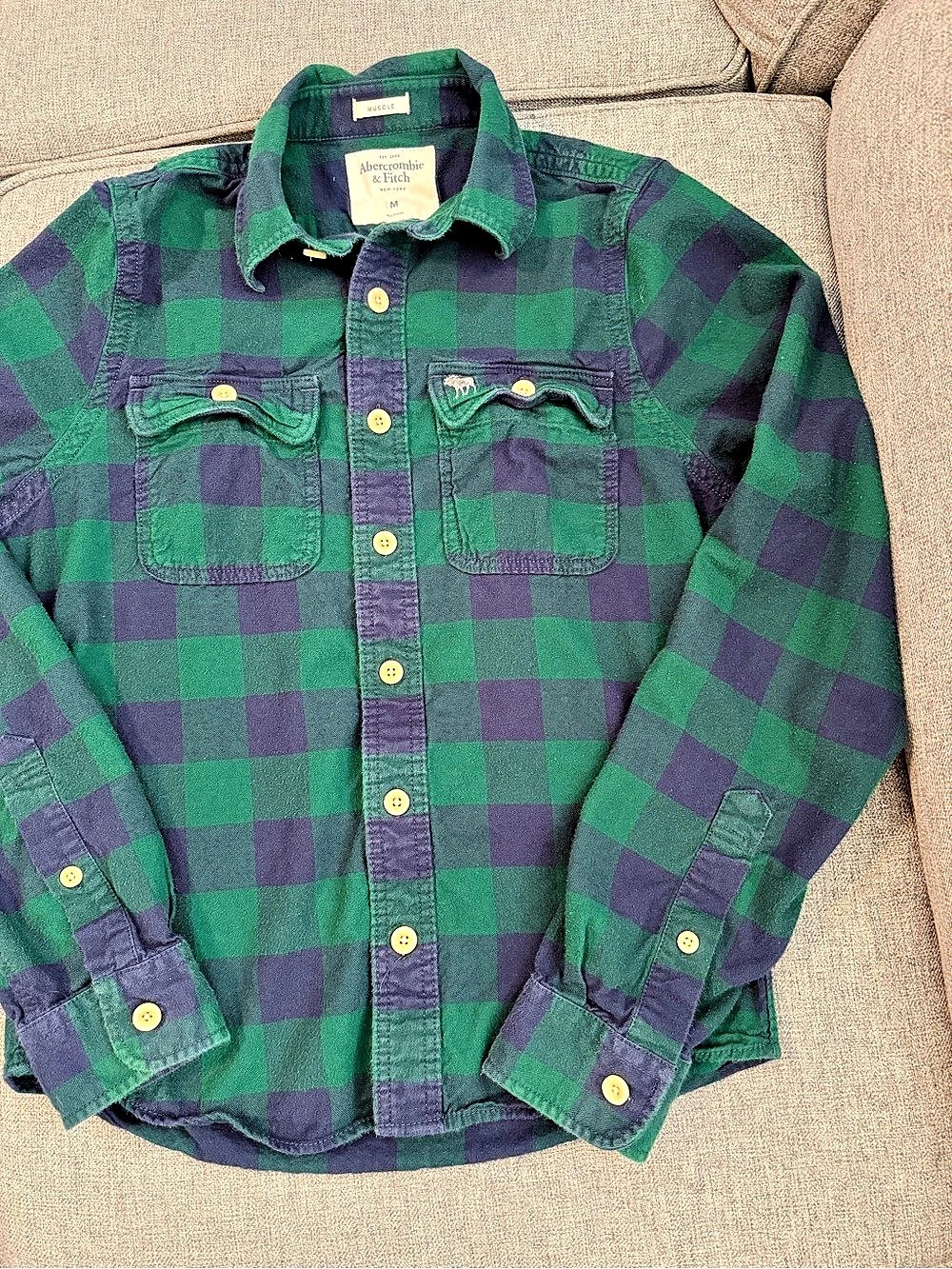 Abercrombie & Fitch Men’s MUSCLE Plaid Button Down in Green & Blue Size Medium